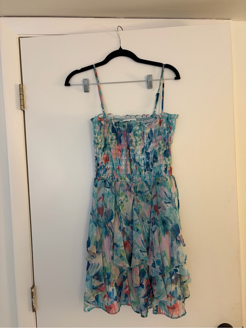 Smocked Tiered Mini Dress in Blue Multi Floral